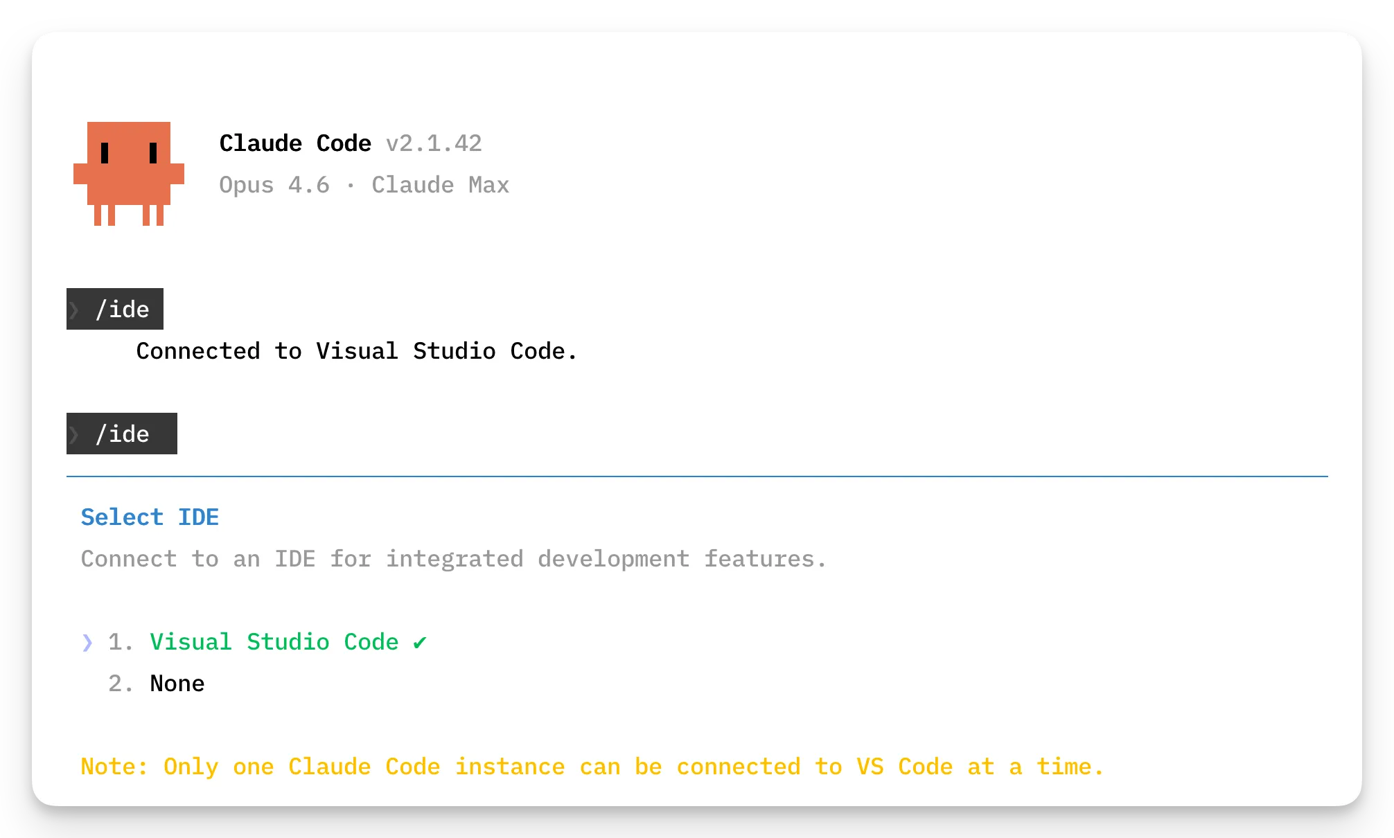 Screenshot of Claude Code in an external terminal with /ide