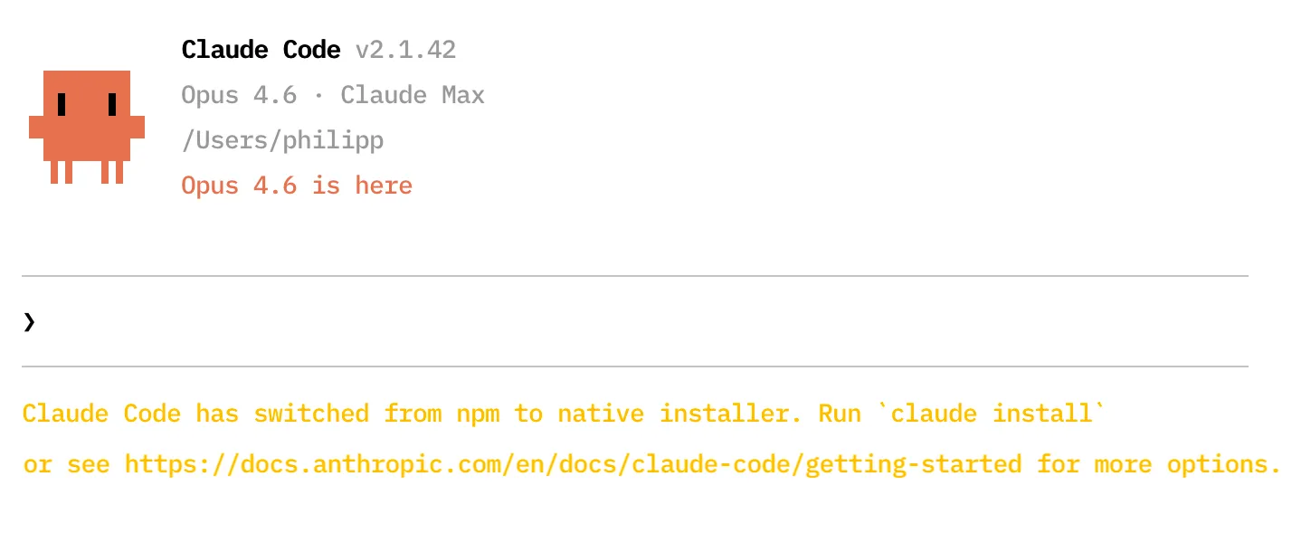 Screenshot of the native installer message for Claude Code