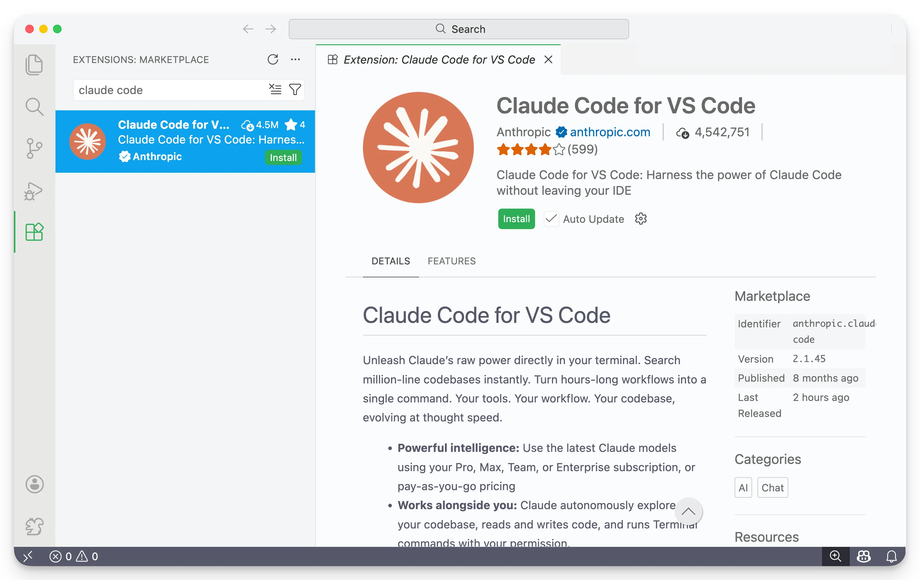 Screenshot of the Claude Code extension in the VS Code Marketplace